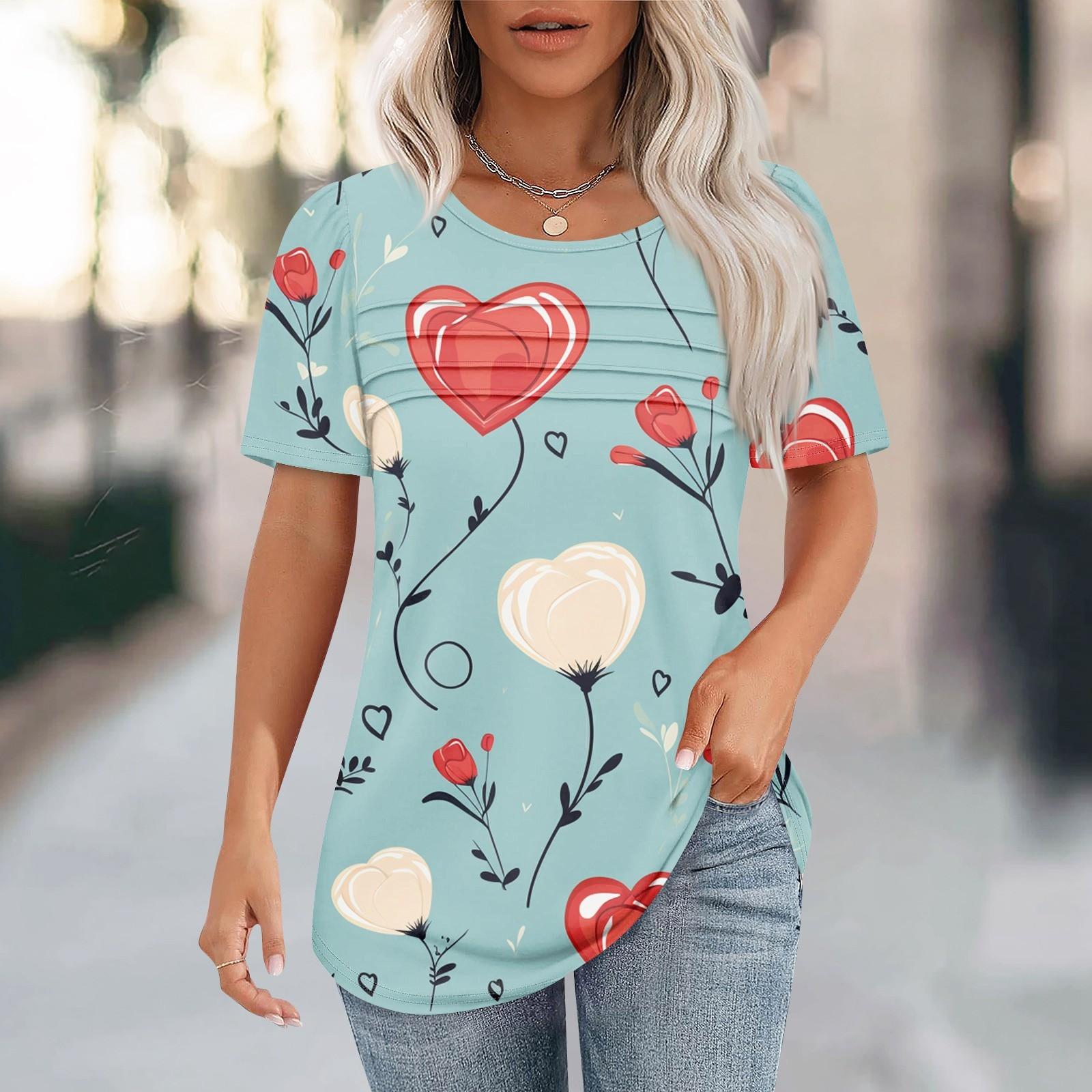 

Женский топ с короткими рукавами и круглым вырезом, с принтом в виде сердечек ко Дню святого Валентина, плиссированный XL небесно-голубой