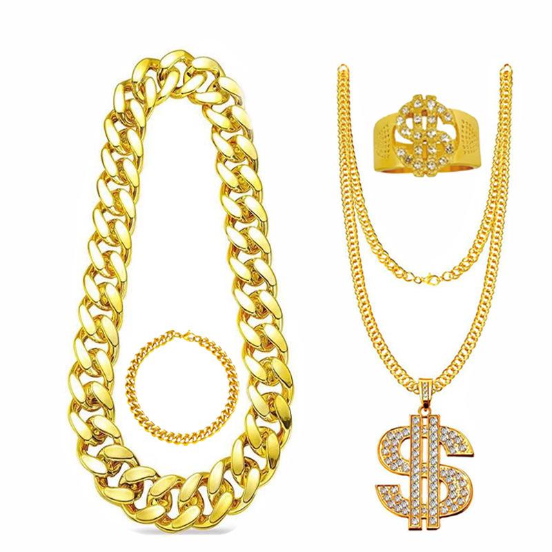 80s 90s Accessories Outfit for Men Hip Hop Costume Kit Old School Rapper Gold Color Dollar Rope Chain Ring Party Jewelry
