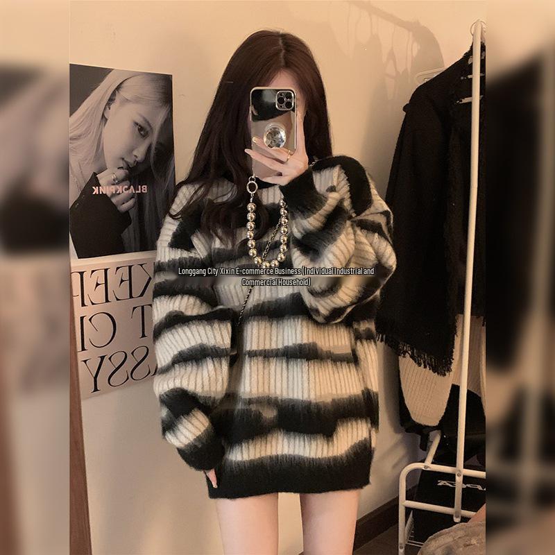 Striped Casual Round Neck Pullover Knitwear - 2025 Autumn/Winter Loose Long Sleeve Women's Sweater