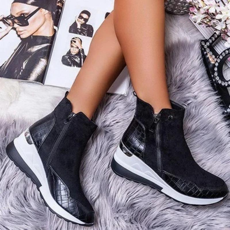 Low-top Shoes for Warmth, Round-toed Wedge Heels with Side Zippers, Women's Boots, Thick-soled Snow Boots