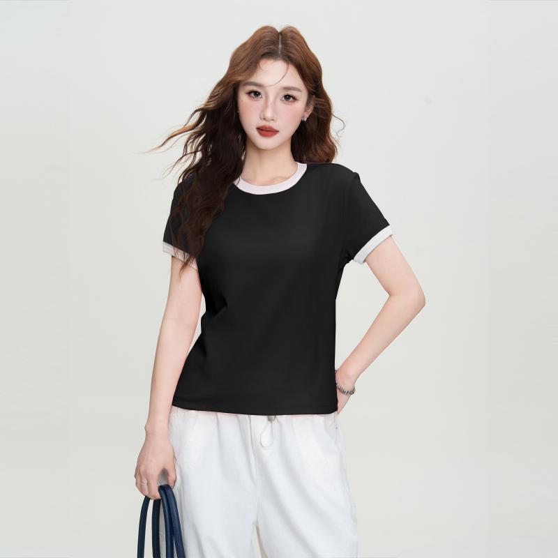 Baumwoll-Kurzarm-T-Shirt Damen Sommer Oberteil Schlankmachend Rechte Schulter Rundhals Slim Fit T-Shirt