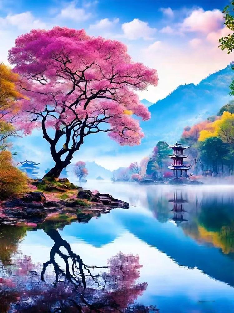 5D DIY Diamond Painting Landscape Mosaic Landscape Mountains and SeasSakura Tree Cross Embroidery Home Wall Art Decoration