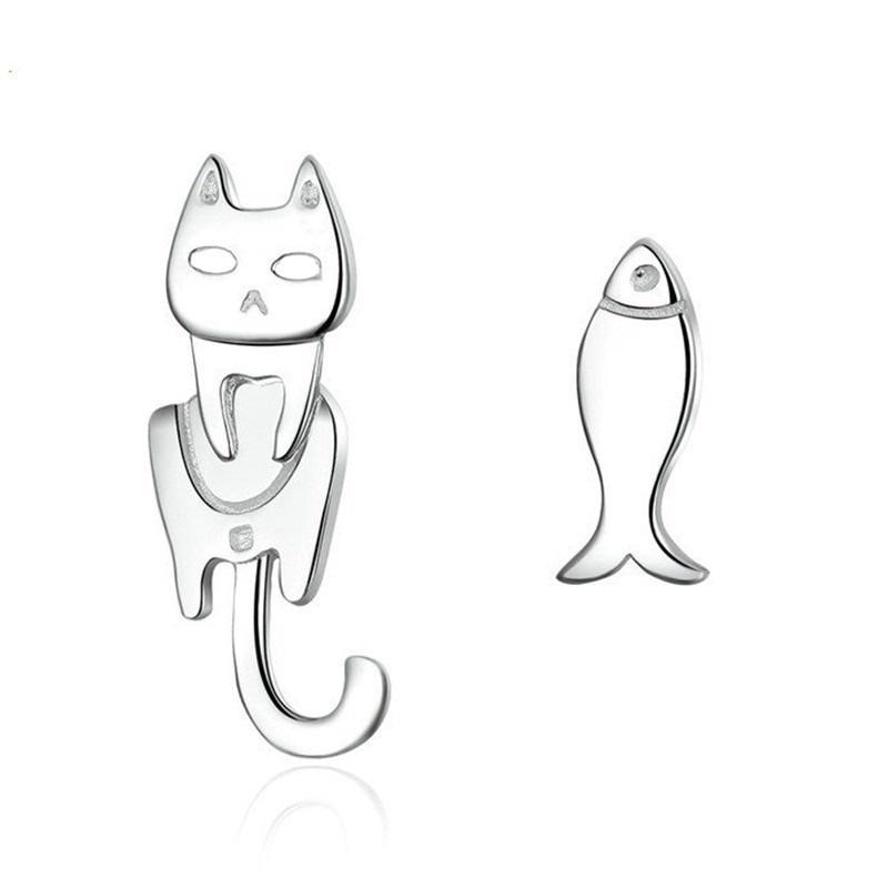 1 Pair Cut Cat Fish Stud Earrings Sweet Little Fish Cat Studs for Women Gift Silver Studs Earrings