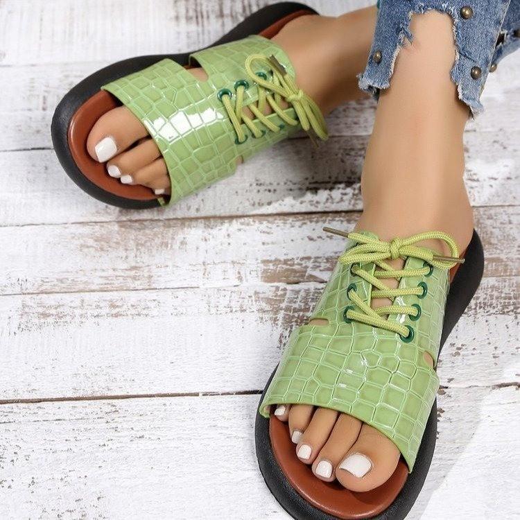 Summer new crocodile pattern retro lace-up sandals women's flat-bottomed fish mouth women's beach sandals