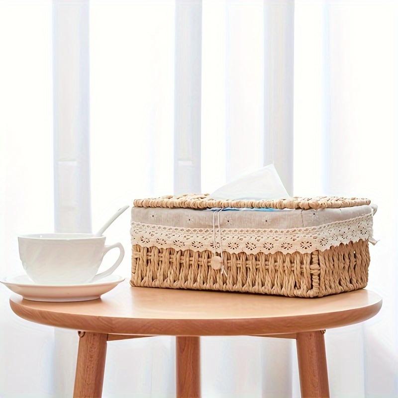Durable Paper Rope Vintage-Style Woven Tissue Box Cover with Lid - Storage Organizer for Home Decor, Utility Hooks