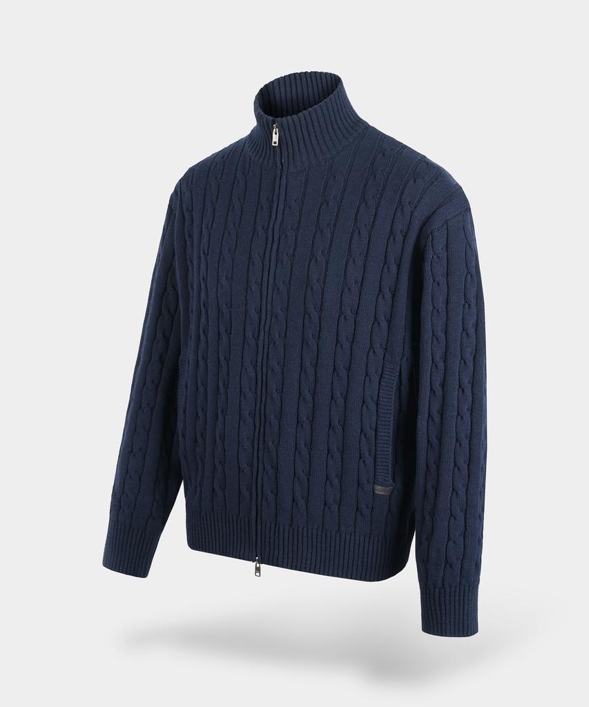 BIRBANTE Washable Cotton Cable Two-Way Knit Zip-Up - Dark Navy