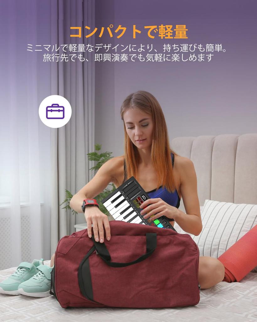 OYAYO MIDI-Keyboard mit Anschlagdynamik 8 Hintergrundbeleuchtete Drum-Pads 8 OLEDs und MIDI-Unterstützung mit DAW Musikproduktionssoftware 25 anschlagdynamische Tasten, Pads, Regler, Display,