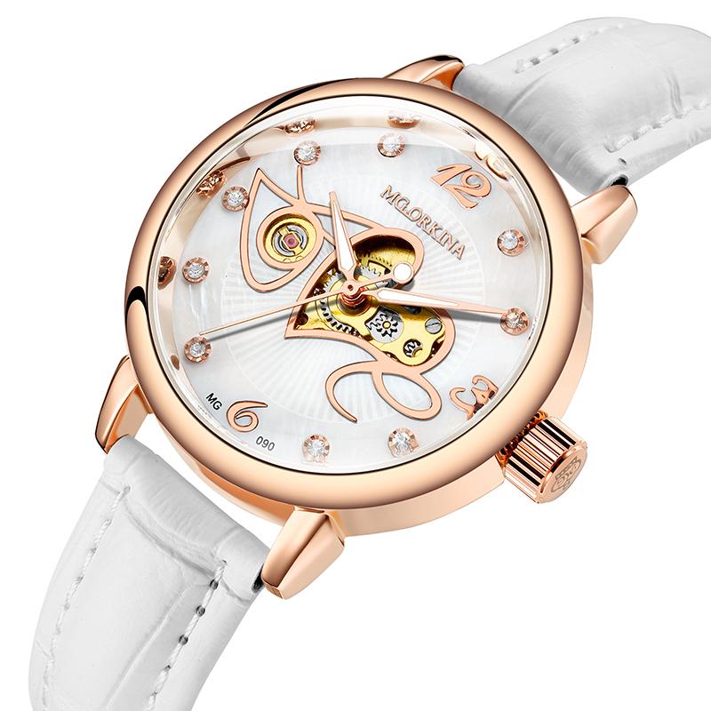 ORKINA Women's Automatic Mechanical Watch Fashion Diamond Love Hollow Design Mesh Stainless Steel Strap Wristwatch MG090