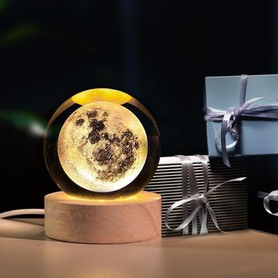 Crystal Ball Night Light | Dimmable Engraved LED Glass Ball Table Lamp with USB and Wooden Base for Home Decor