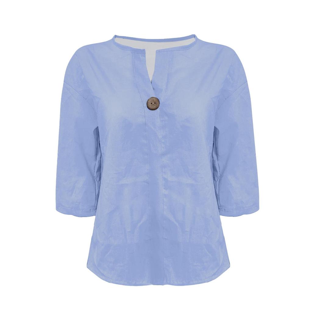 Été Nouveau T-shirt Ample Femme Col V Coton Chanvre Bouton Haut