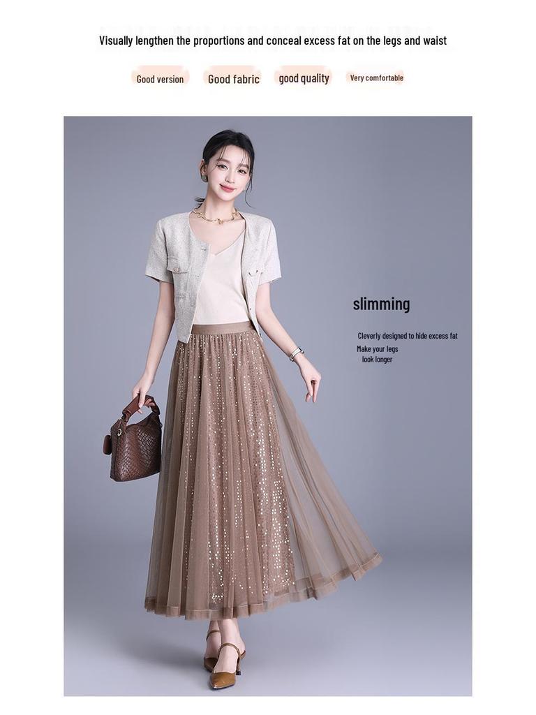 Spring 2026 Sequin Mesh A-line Midi Skirt - Slimming, Drapey, Fashionable, Casual Wear