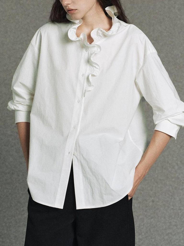 GUOE 100% Cotton Baroque Ruffle Lace Collar Shirt