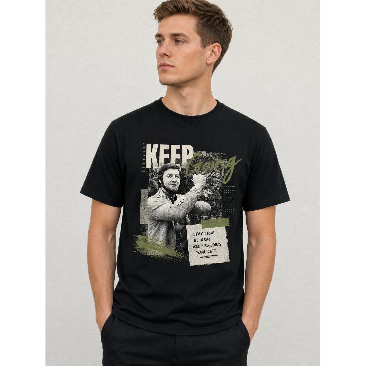 men's black short sleeve t-shirt with motivational graphic print, crew neck, relaxed fit, soft cotton feel, inspirational quote design for daily wear