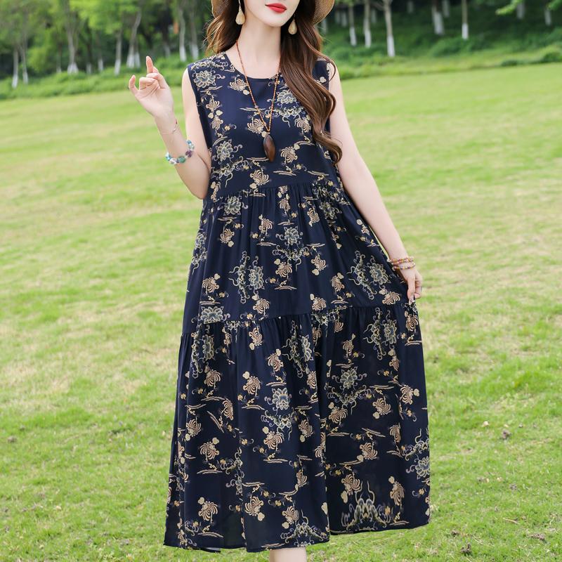 Elegant Sleeveless Dress for Women Plus Size Loose Vintage Print Long Dress Summer Middle-aged Women's Clothing
