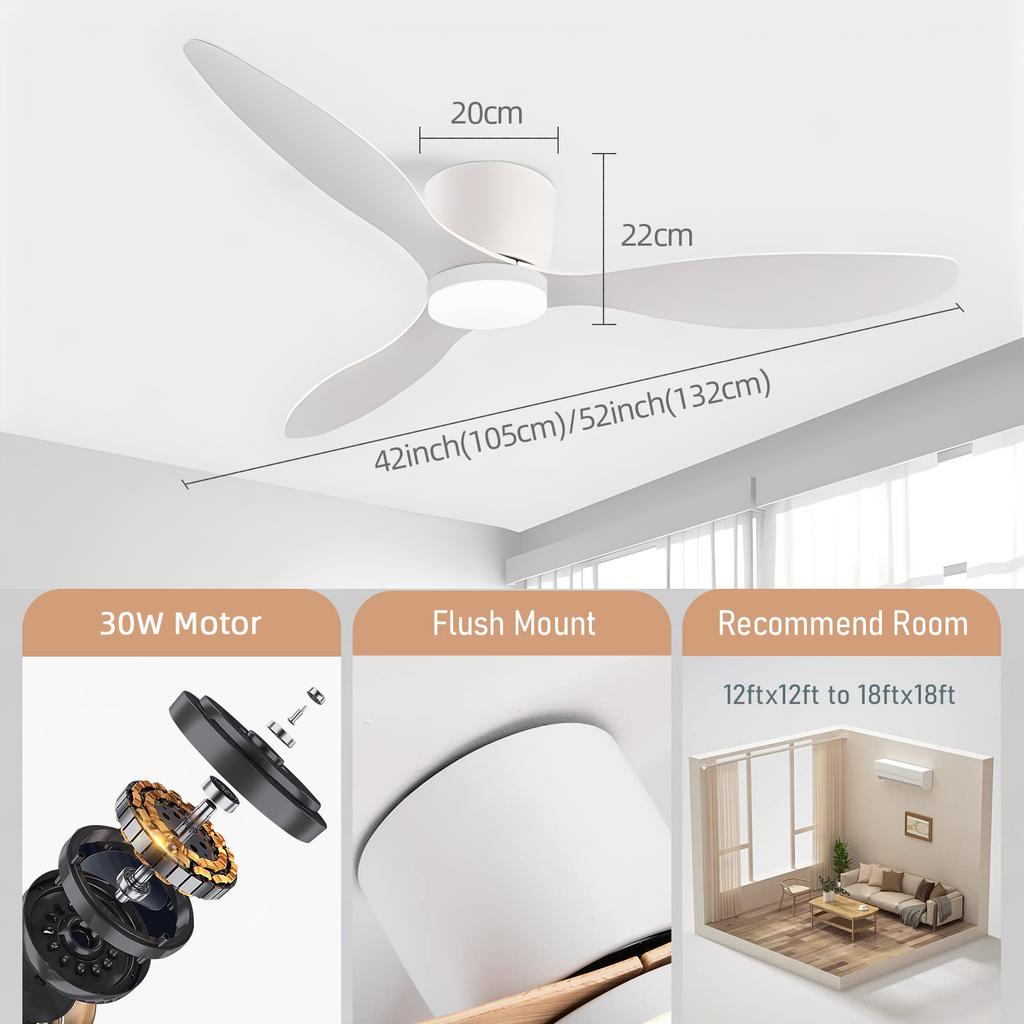 IRALAN Ceiling Fan With Light 6-speed Choice Reversible DC Motor 3CCT with Remote Control Whisper Easy Install black/White/Wood