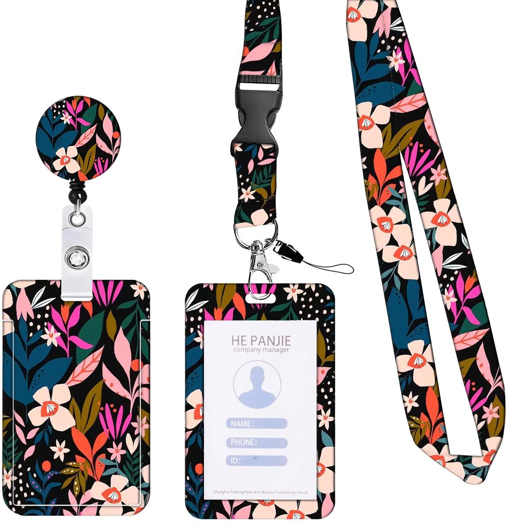 Staff Working Cards Holder With Retractable Long Lanyard And Badge Reel Flower Id Credit Cards Holder Cover For Woman Phone Rope
