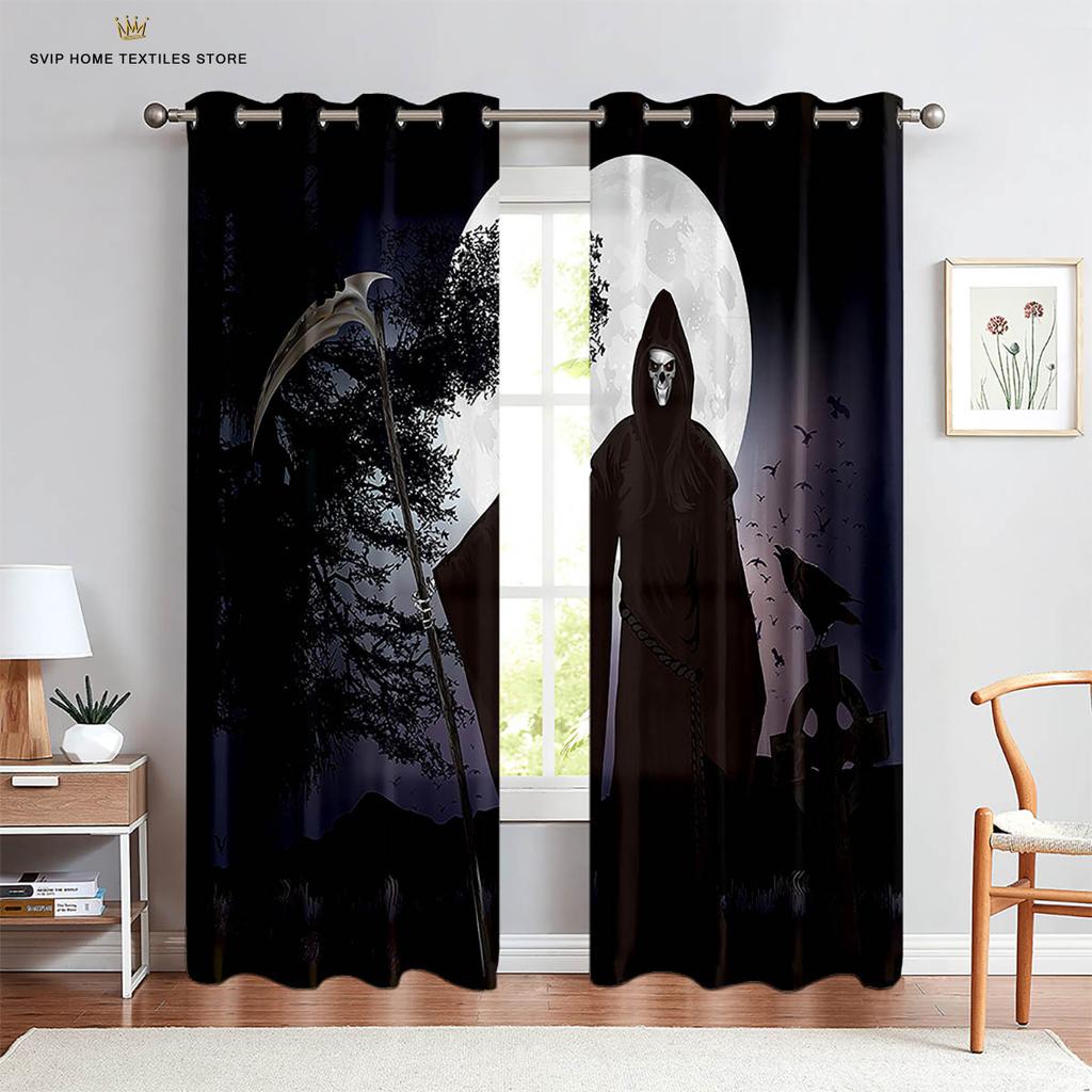 Halloween Printed Curtains for Kids, Dark Castle, Skull Witch, Children's Party Decorative Curtains, Suitable for Bedroom