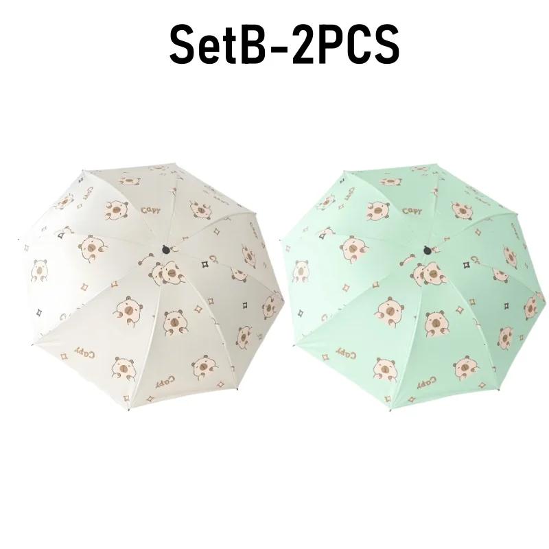 Girls Capybara Sun Umbrella Portable Foldable Plastic UV Protective Sunshade Dual-Use Cute Design for Outdoor Travel
