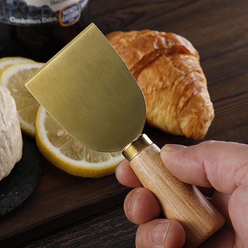 Stainless Steel Gold Cheese Knife Set with Fork and Rubberwood Handles