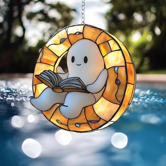 Halloween Acrylic Suncatcher Adorable Ghost Reading Book Pendant Black Cat Teacup Spooky Window Hanging Decoration for Home Parties Festivals