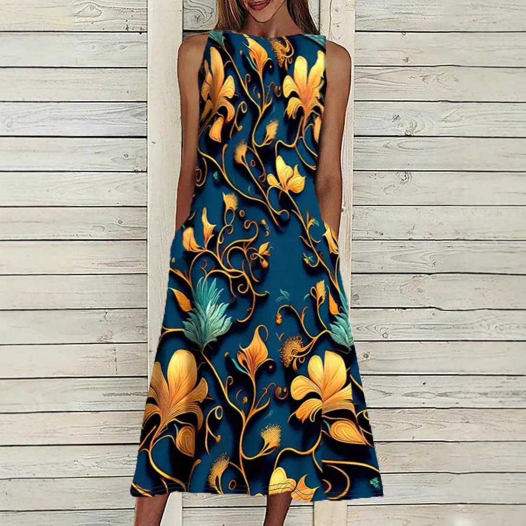 

Женское платье больших размеров без рукавов с круглым вырезом и принтом, элегантное свободное длинное платье-жилет 4XL синий