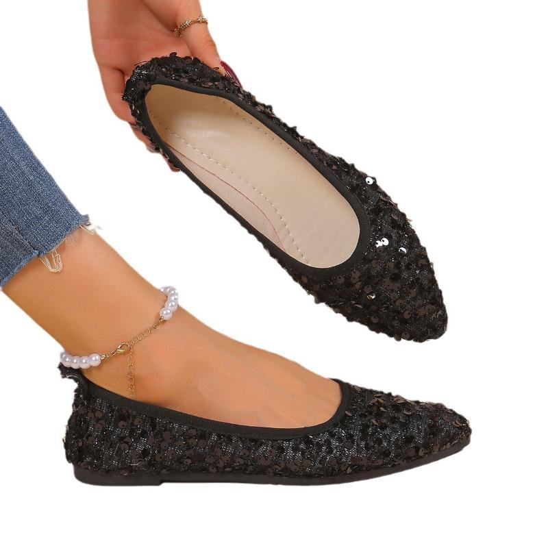 Scharf spitzer Einzelschuh mit flacher Unterseite, Pailletten, flacher Mund, vielseitiger Schuh mit weicher Sohle