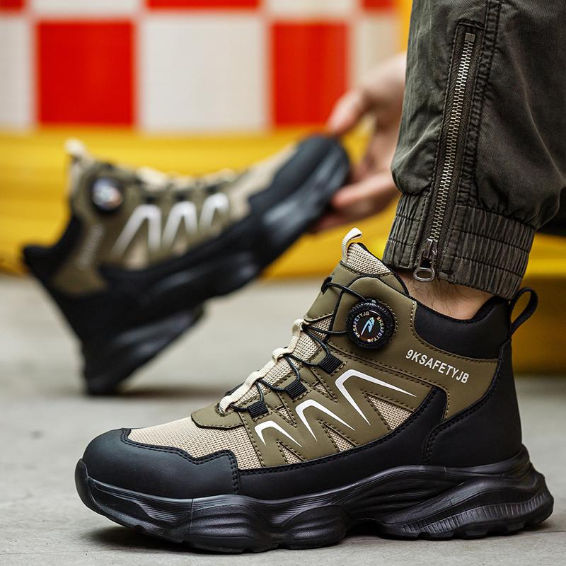 Rotating Button Work Shoes For Men Anti Puncture Work Sneakers Waterproof Black Work Safety Shoes Non Slip Steel Toe Boots Black