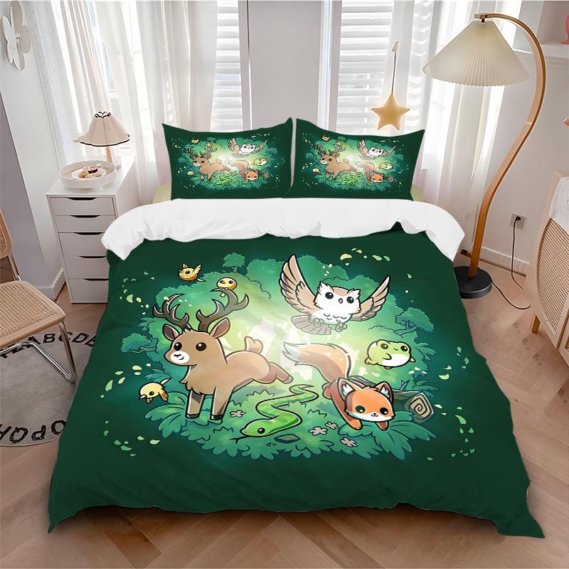 3pcs Cute Little Animals Quilt Set - Soft and Comfortable Bedroom, Guest Room and Dorm Decor Bedding Set 1 Quilt Cover + 2 Pillowcases.N029