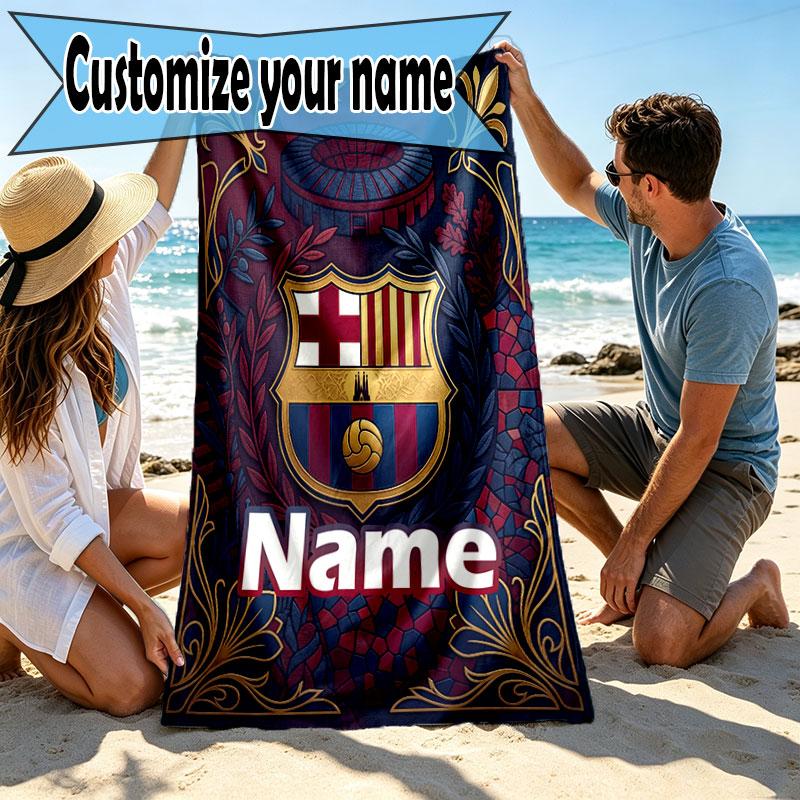 Serviette de Plage Personnalisée avec Nom Club de Football Barcelone, pour Voyage Camping Fête à la Plage Décoration Intérieure, Cadeau d'Anniversaire pour la Famille et les Amis