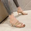 2025 Summer New Rhinestone High Heels Women's Stiletto Mid-heel Open-toed Sandals One-word Buckle with Lazy Sandals Women