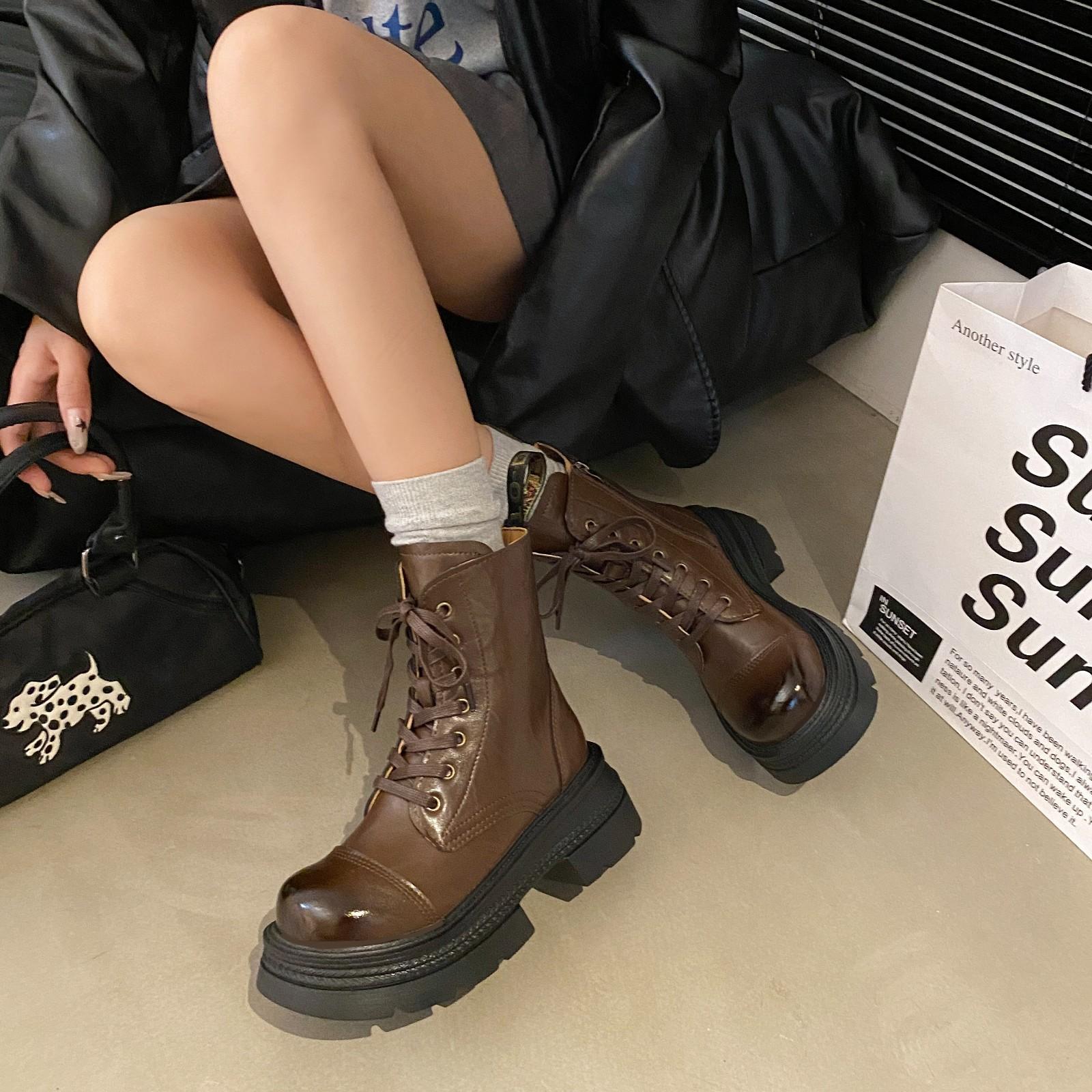 

Retro brown thick heel platform Martin boots women s 2024 heightening British style short boots 35 коричневый