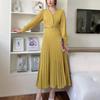 LYRIA Women Slim Pleated Maxi Dress with Belt Female Streetwear Vintage Dress Tie Front Dress  Robe