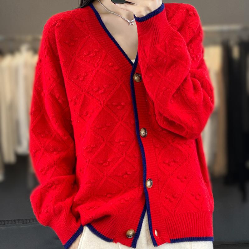V-neck Simple Color-blocking Diamond Bulb Full Wool Button Jacket Comfortable Fit Everyday Autumn and Winter Latest Knitted Cardigan for Women