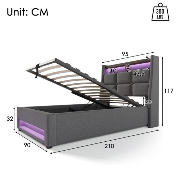 Lit - MUVOE - 90x200cm - Rembourré avec USB - LED multicolore - Vintage moderne