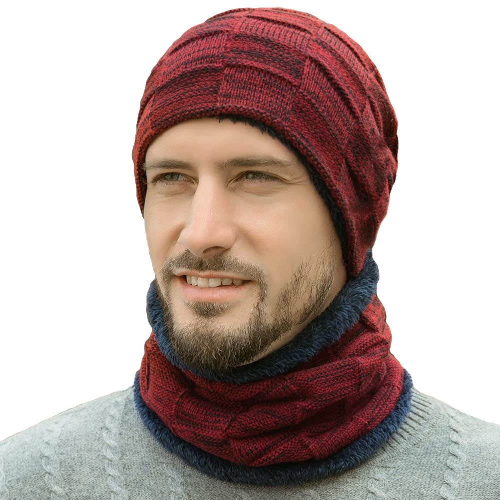 Bafup Neck Warmer and Knit Beanie Hat Fleece Lined Thermal Soft Stretch Winter Cold Protection for Ski Cycling Commuting Red