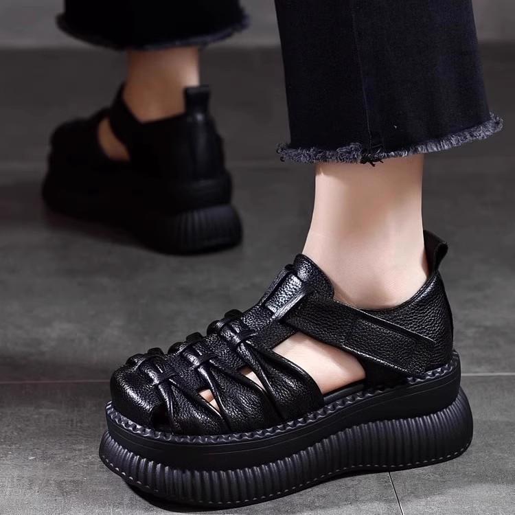 Women's Personalized New Women's Sandals with Thick Sole and Raised Sponge Sole, European and American Style Comfortable Large Leather Roman Shoes