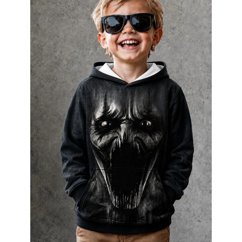 2026 Halloween Boys' 3D Graphic Skull Hoodie Pullover Long Sleeve Spring Sports Fashion Streetwear Kids 4-7 Years Hooded Casual