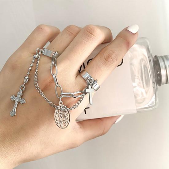Double Chain Finger Ring, Adjustable Ring for Women Men, Street Style Stacking Design Ring, Dark Aesthetic Layered Ring