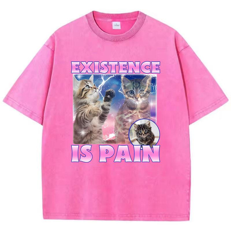 Existența este Durere Pisică Tricou Bumbac Spălat Vintage Tricou Grafic Casual Streetwear pentru Primăvară Vară Toamnă