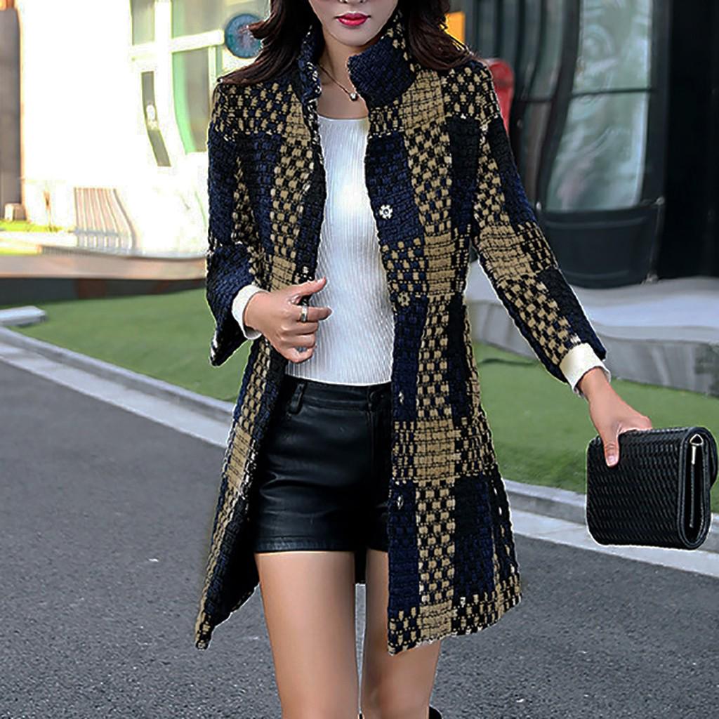 Dámská Dámská Teplá Mřížkovaná Bunda ze Syntetické Vlny Zimní Svrchní Oblečení