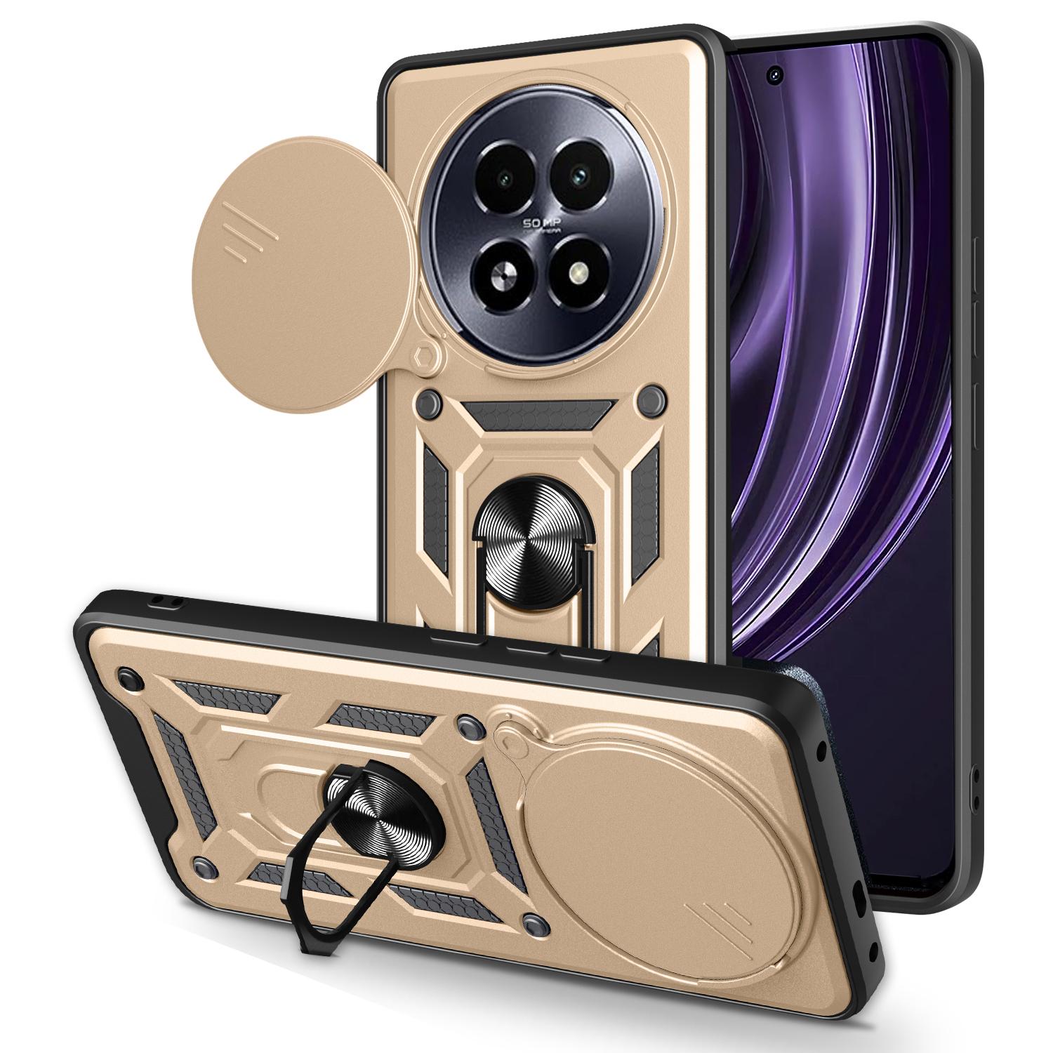 

For Realme 13+ 5G Case with Slide Camera Lid PC+TPU Kickstand Phone Cover Gold