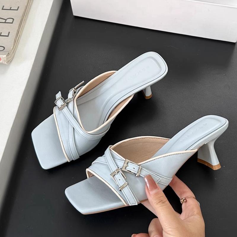 Fashion SUOJIALUN 2025 New Brand Women Slipper Fashion Square Toe Slip On Ladies Elegant Slides Square High Heel Outdoor Dress Sandal