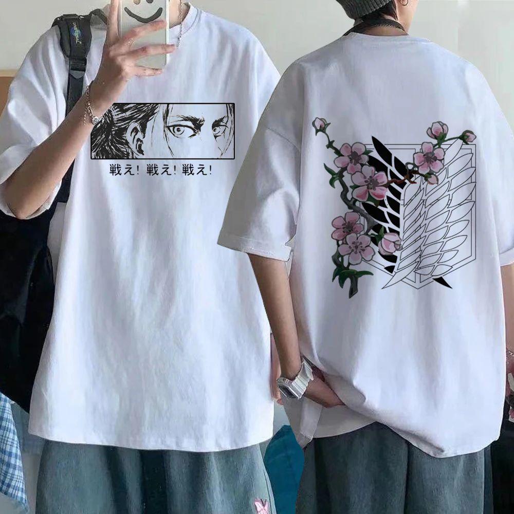 Anime Attack On Titan Double Sided Printed Tshirt Unisex Wings Of Freedom Sakura Pattern Front Eren Eye Japanese Letter Oversized