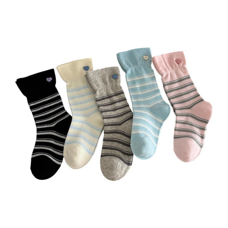 Sock Children Sweet Heart-shaped Buttons Mid-length Socks Trendy Wide Cuff Striped Pile-up Socks