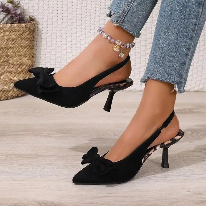 Sexy Big Bowknot Sling Back Pumps Women 2025 Summer Thin High Heels Shoes Women Black Pointed Toe Party Shoes