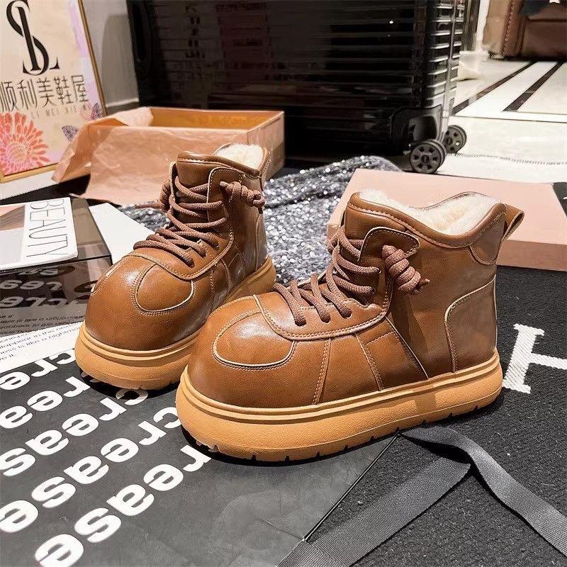 Thick-soled big-head matte snow boots autumn and winter lace-up casual versatile non-slip warm cotton shoes women's velvet