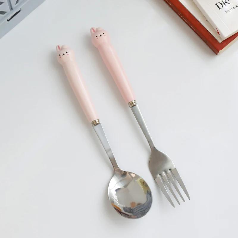Ins Cartoon Bear Dragon Spoon Fork Chopsticks Cutlery Set for Children Kids School Cute Portable Stainless Steel Tableware