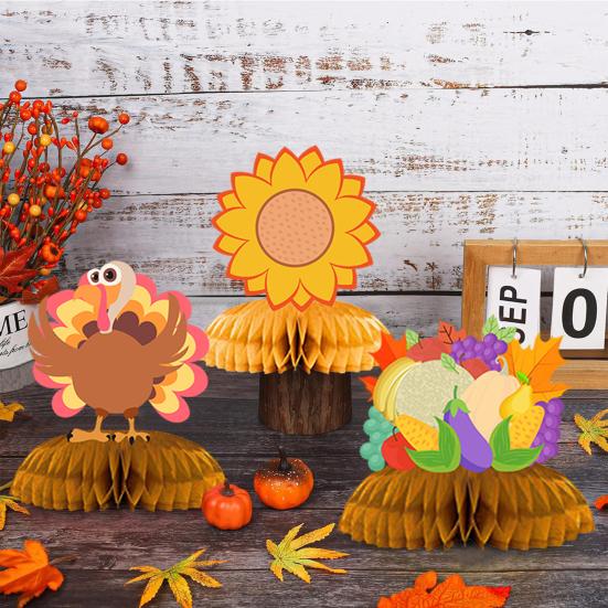 9 Pcs Fall Thanksgiving Honeycomb Decor Paper Pumpkin Maple Leaf Turkey Centerpiece