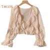 Chiffon Cardigan V-tie Lace-Up Lightweight Shirt Solid Color Ruffle Trim Summer Thin Sun Protection Shirt Daily Wear