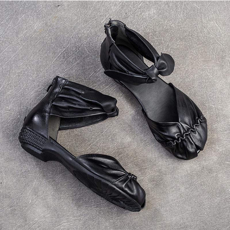 Johnature Genuine Leather Comfortable Breathable Sandals Peep Toe Low Heel Versatile Retro Women's Shoes